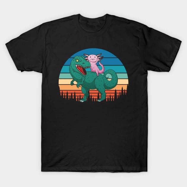Cute Axolotl T Rex Kawaii Sunset T-Shirt by qwertydesigns
